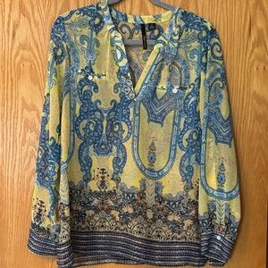 Paisley Print V-Neck Blouse in Yellow and Blue